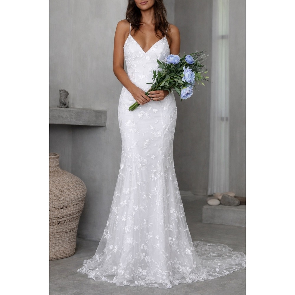 Hebeos Lace Mermaid Wedding‎ Dress Open Back Ivory Bridal Gown Size M
